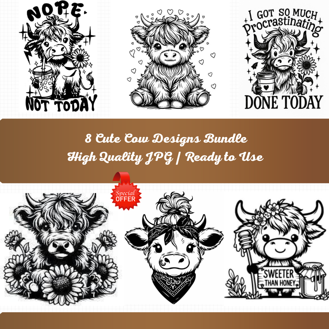 8 Cute Highland Cow Clipart Bundle 🐮