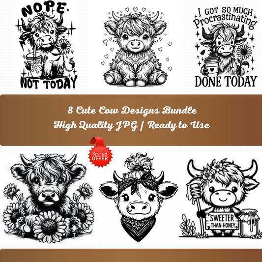8 Cute Highland Cow Clipart Bundle 🐮
