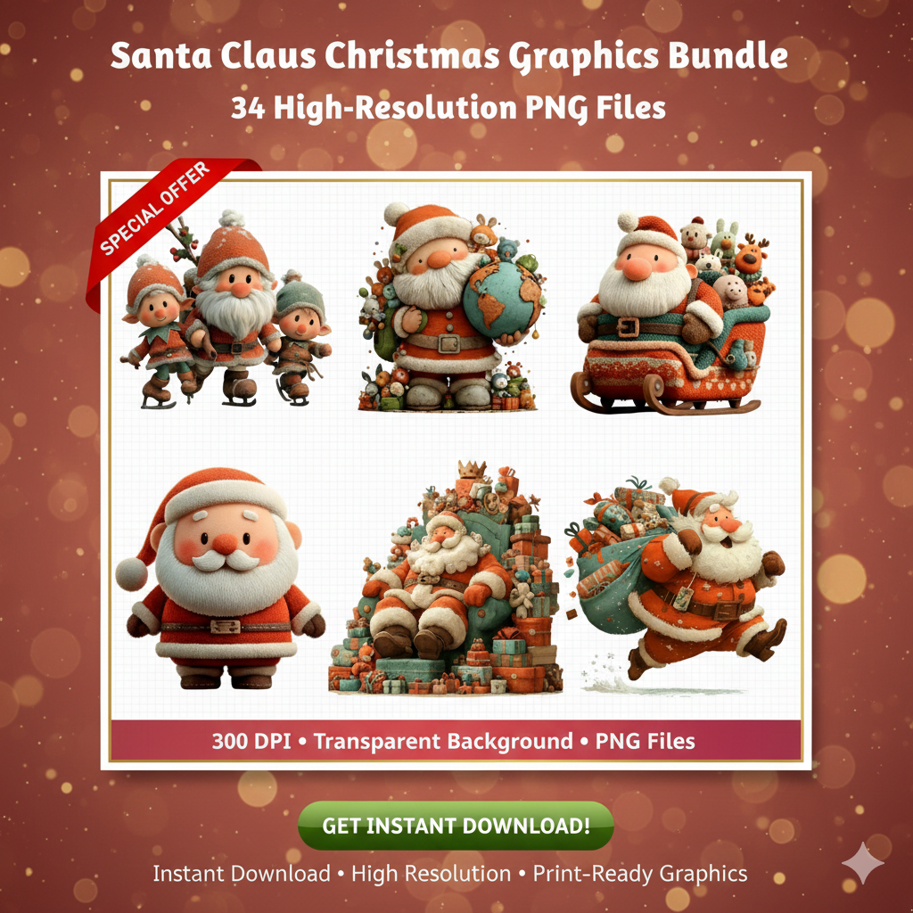 Vintage Santa Christmas Clipart Bundle – 34 PNG