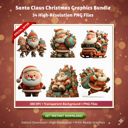 Vintage Santa Christmas Clipart Bundle – 34 PNG