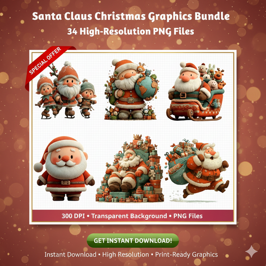 Vintage Santa Christmas Clipart Bundle – 34 PNG