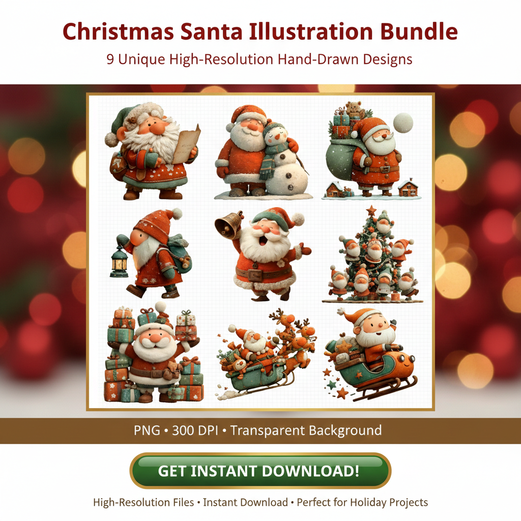 Vintage Santa Christmas Clipart Bundle – 34 PNG