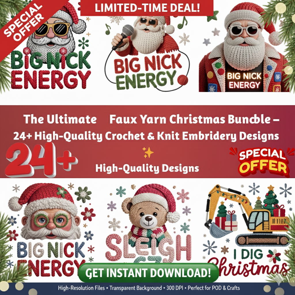 Faux Yarn Christmas PNG Bundle – Cozy Crochet, Knit & Embroidery Designs