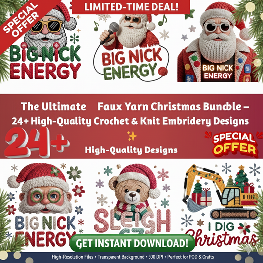 Faux Yarn Christmas PNG Bundle – Cozy Crochet, Knit & Embroidery Designs