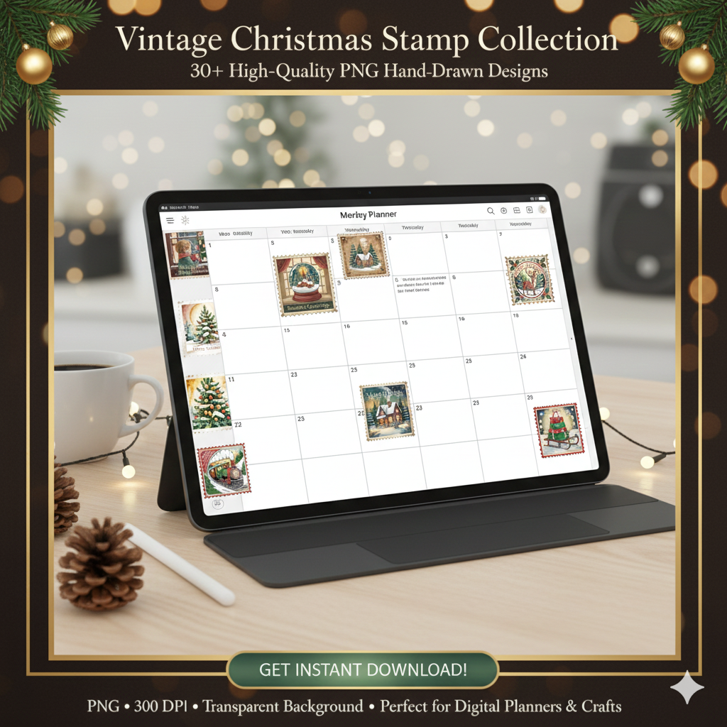 Retro Christmas Stamp Collection – 60 PNG Vintage Holiday Designs