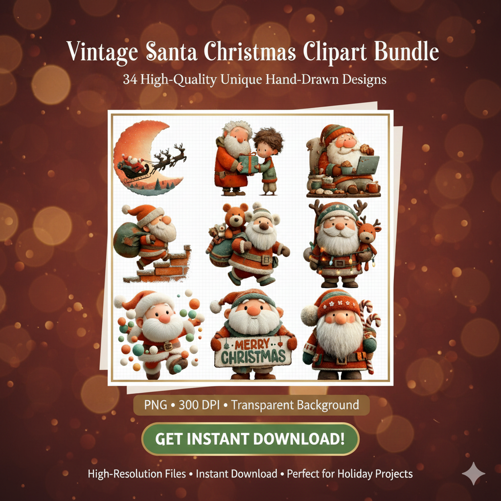 Vintage Santa Christmas Clipart Bundle – 34 PNG