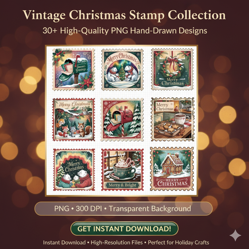 Retro Christmas Stamp Collection – 60 PNG Vintage Holiday Designs