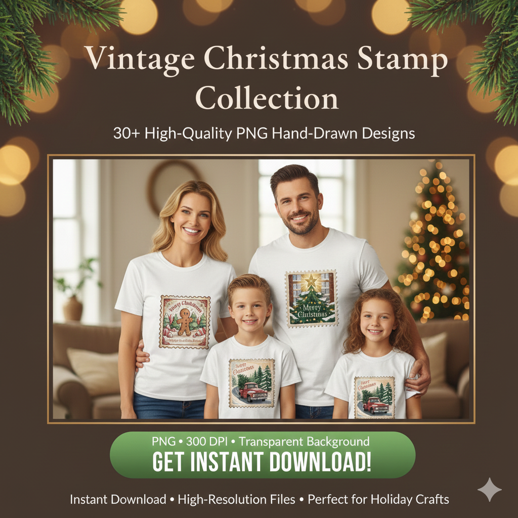 Retro Christmas Stamp Collection – 60 PNG Vintage Holiday Designs