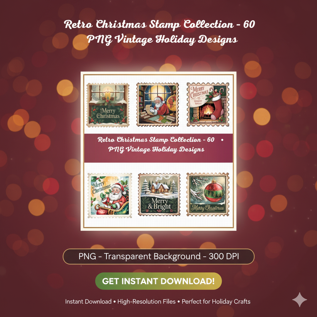 Retro Christmas Stamp Collection – 60 PNG Vintage Holiday Designs