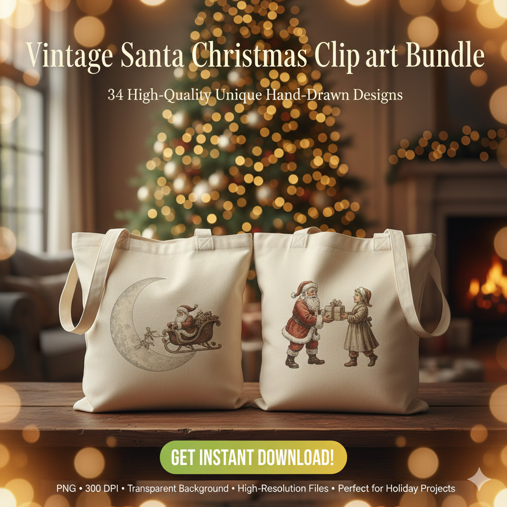 Vintage Santa Christmas Clipart Bundle – 34 PNG
