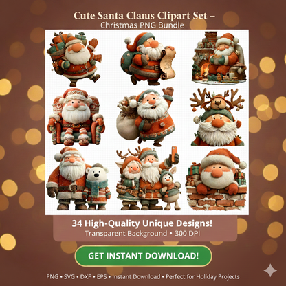 Vintage Santa Christmas Clipart Bundle – 34 PNG