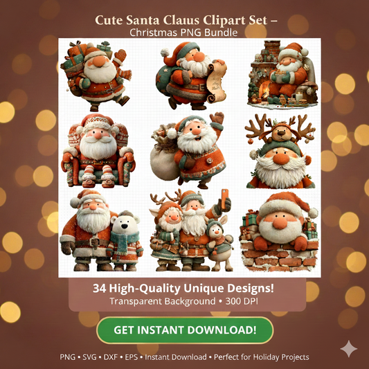 Vintage Santa Christmas Clipart Bundle – 34 PNG
