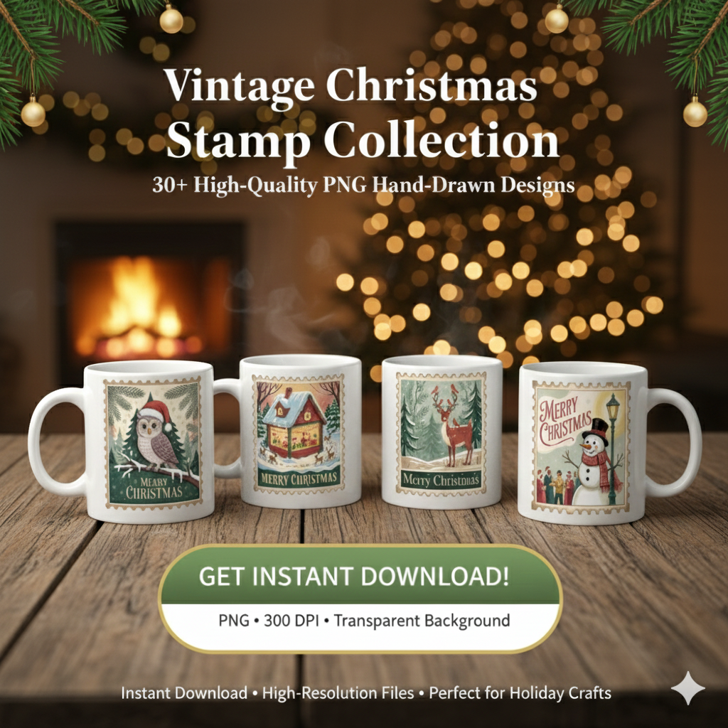 Retro Christmas Stamp Collection – 60 PNG Vintage Holiday Designs