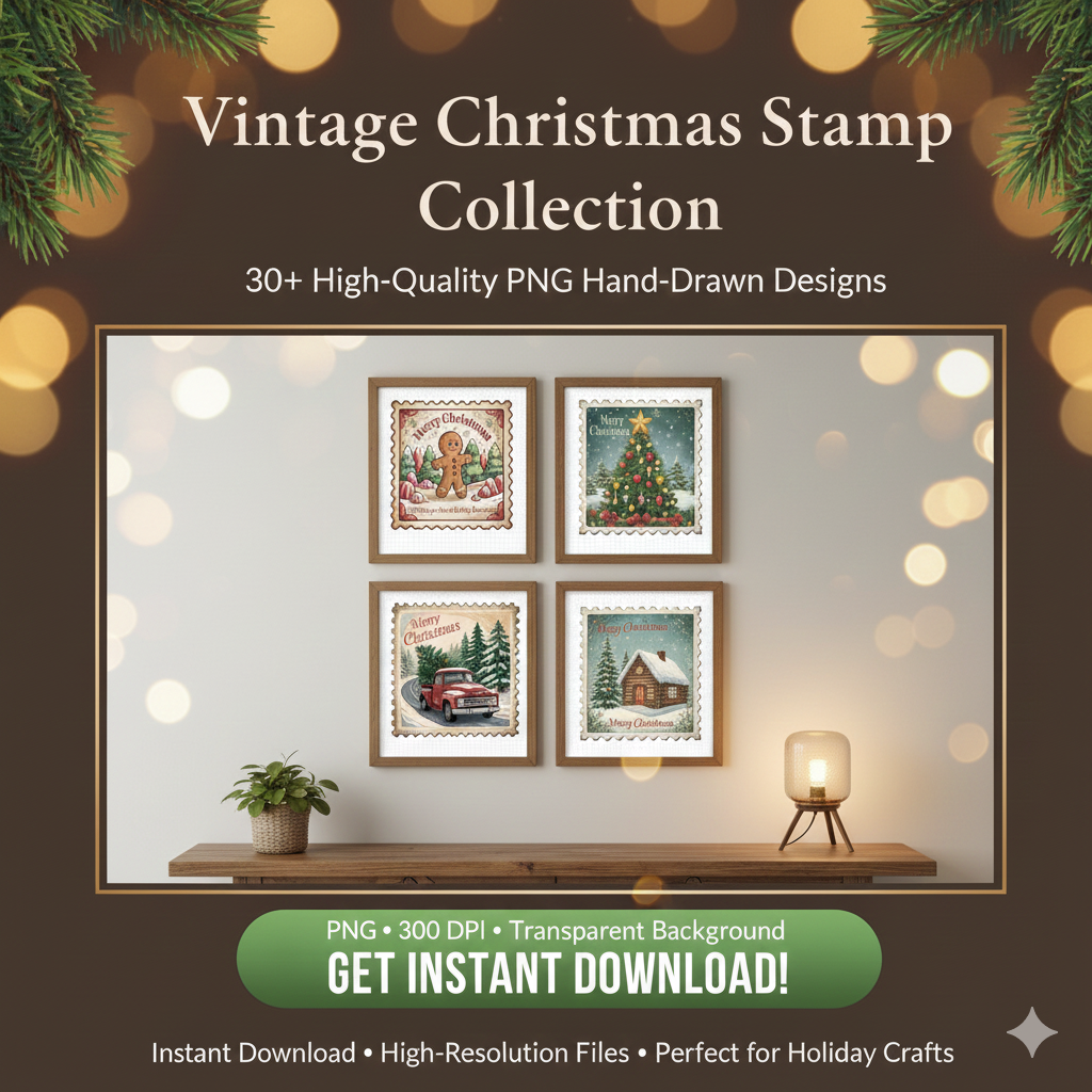 Retro Christmas Stamp Collection – 60 PNG Vintage Holiday Designs