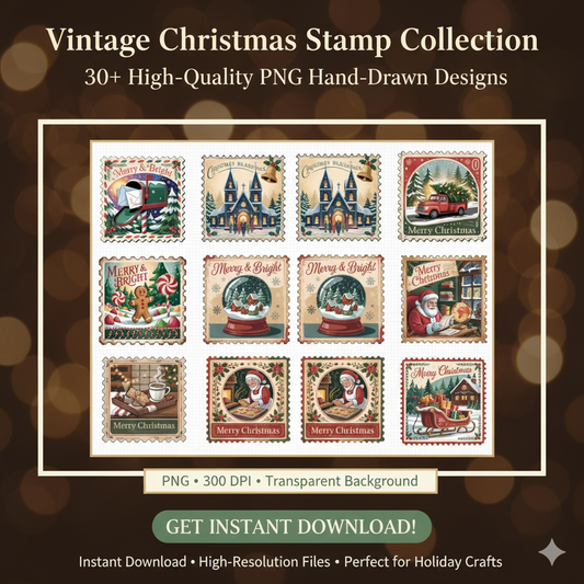 Retro Christmas Stamp Collection – 60 PNG Vintage Holiday Designs