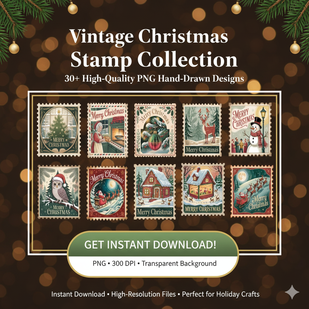 Retro Christmas Stamp Collection – 60 PNG Vintage Holiday Designs