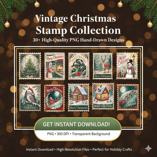 Retro Christmas Stamp Collection – 60 PNG Vintage Holiday Designs