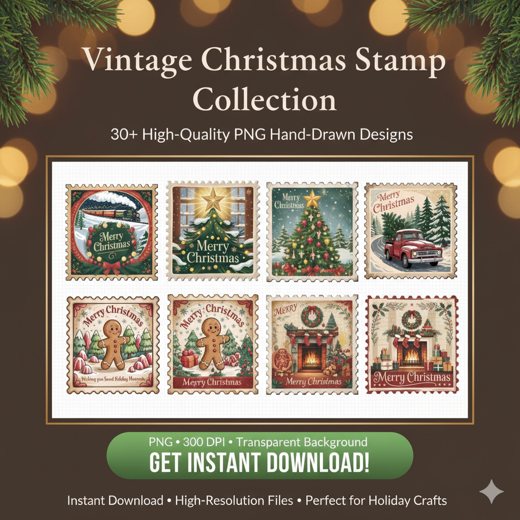 Retro Christmas Stamp Collection – 60 PNG Vintage Holiday Designs