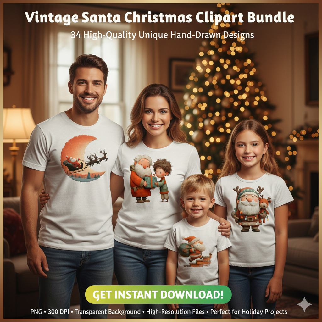 Vintage Santa Christmas Clipart Bundle – 34 PNG