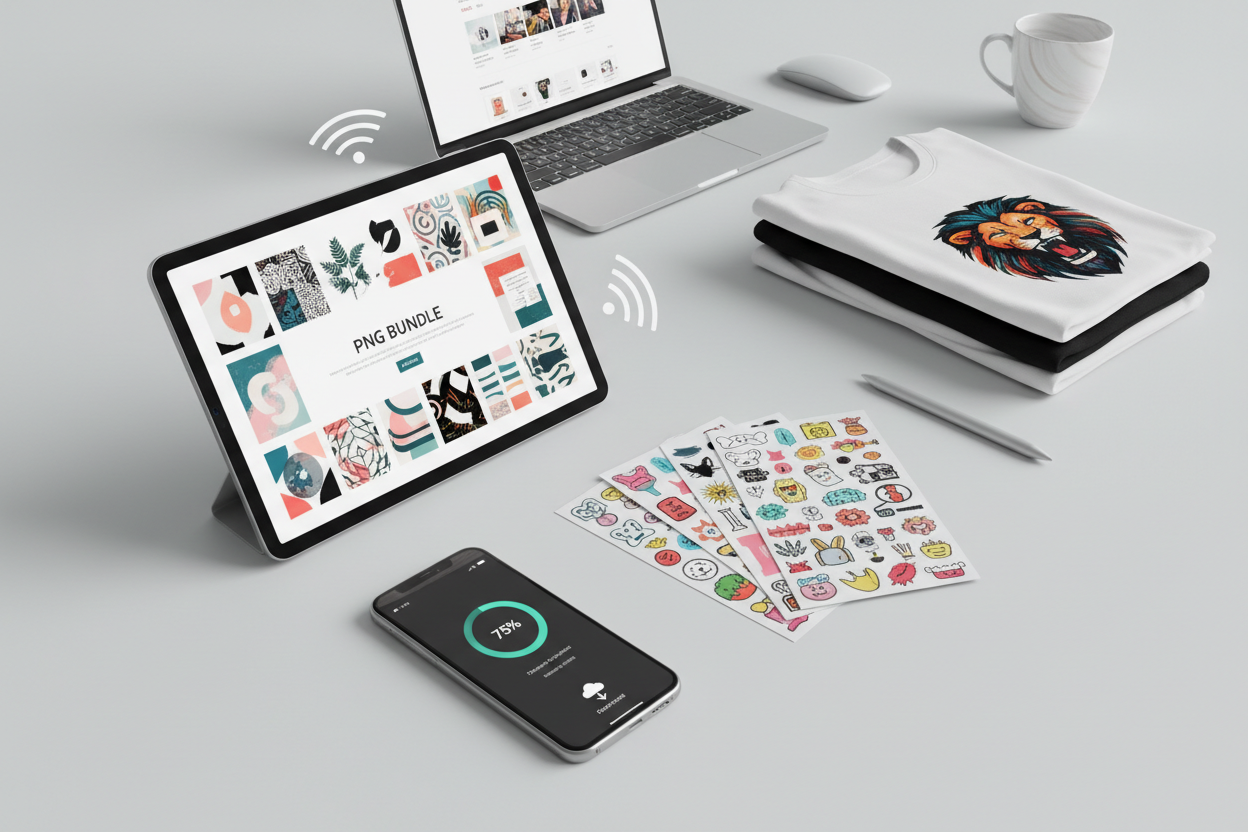 > Sofiane:
Create a premium commercial product showcase image for a digital design store.
Display multiple digital products (PNG bundles, stickers, t-shirt graphics) using clean mockups in a modern flat-lay arrangement.
The scene should communicate “instant download” and “digital product” visually without using text.
Background: bright, minimal, professional.
Aesthetic: global marketplace, trustworthy, conversion-focused, Shopify-ready.
Ultra-sharp, realistic lighting, professional composition, no text, no 